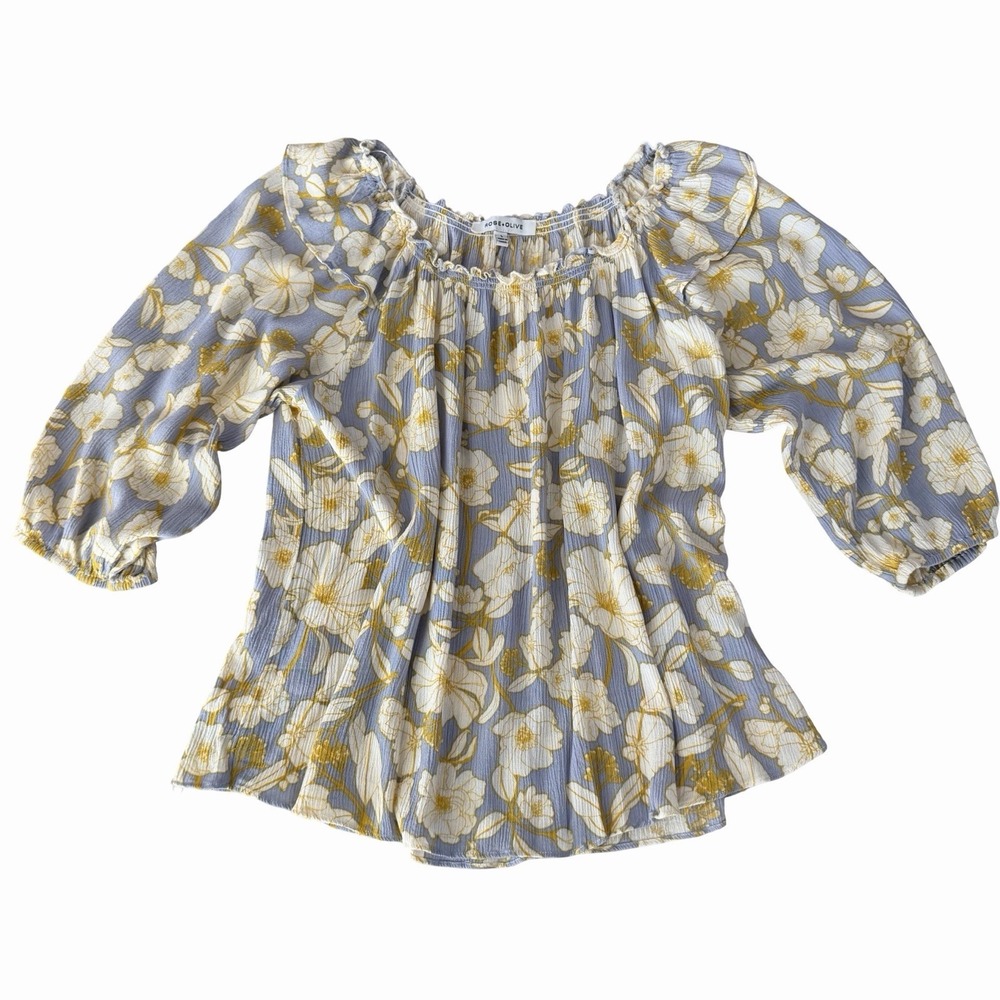 Rose + Olive Ruffle Floral‎ Peasant Blouse Top•Large Blue Yellow Elastic Sleeves